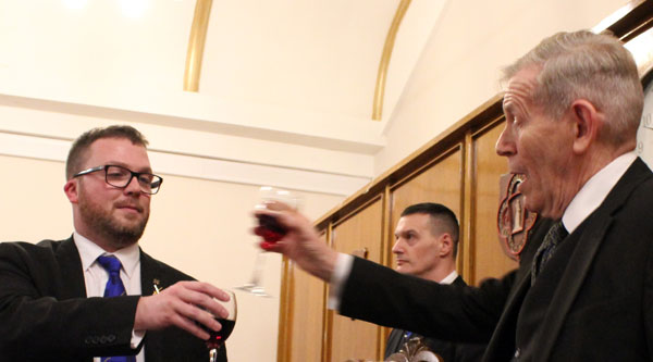 Roger Lloyd-Jones (right) toasting Will during The Master’s Song