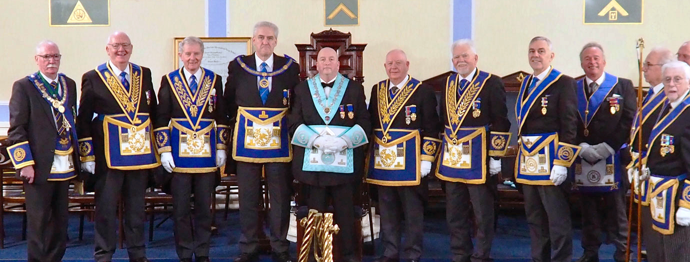 Pictured from left to right, are: James Jack, Ted Rhodes, Stuart Thornber, Andrew Whittle, Peter Wright, Harry Cox, David Randerson, Stephen Jelly and members of Emblem lodge