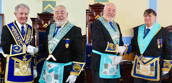 Pictured left: Stuart Thornber (left) congratulating Ian Fowler on being installed. Pictured right: Ian Fowler (left) congratulating Ray Lamb on a job well done.