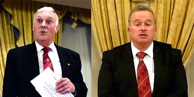 Pictured left: Roger Perry responds to the toast to the grand officers. Pictured right: In a rare serious moment, Chris responds to the toast to the three principals.