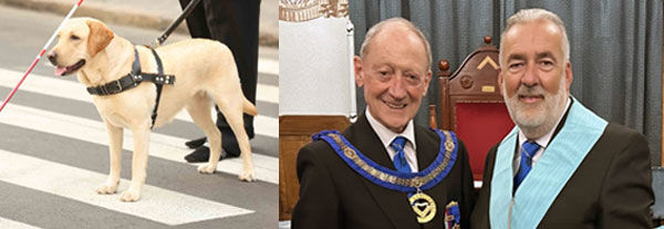 Pictured left: A guide dog. Pictured right: Barry Jameson (left) and Stuart Crook.