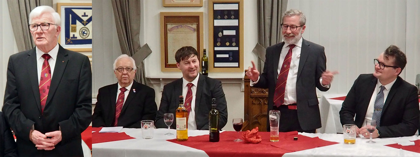 Pictured left: Terry Barlow proposes the toast to the three principals. Pictured right from left to right, are: Malcolm Alexander, John-Paul Lovie, Bob Marsden (responding to the toast to the three principals) and Michael Sjollema.