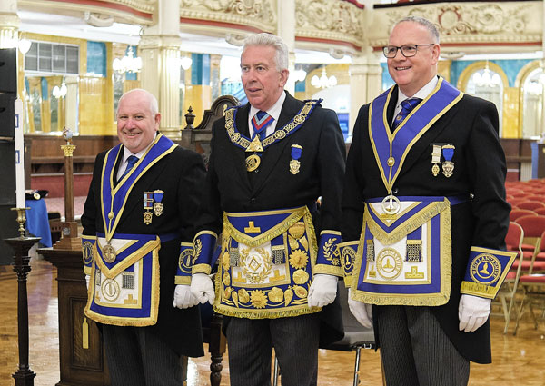 The new Provincial Grand Wardens with Mark Matthews, Mike Silver ProvJGW (left) and Mark Humphrey ProvSGW (right).