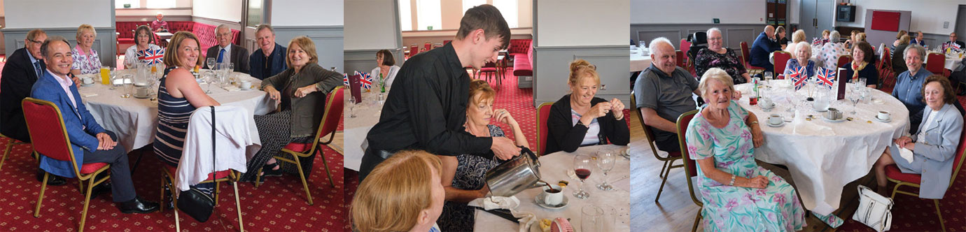 Pictured left, clockwise round the table, are: Sarah Heaton, Jonathan Heaton, Norman Hilton, Norman’s wife, Alan Johnson’s wife, Alan Johnson, Anthony Roe and Anthony’s wife Christine. Pictured centre: A young waiter looks so happy smiling at the banter on the table. Pictured right: On the left is Alan Slater with his wife Jean on his left, on the right is David Williams with his wife Debbie on his right.