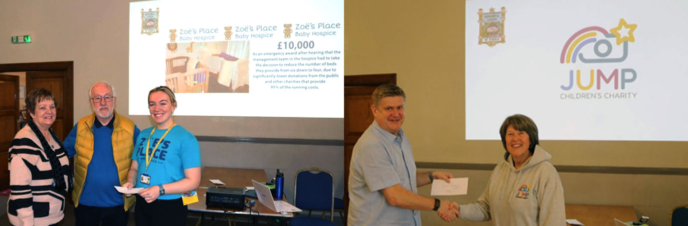 Pictured left from left to right, are: Yvonne and Barry Horabin with Aimee Miller of Zoe’s Place. Pictured right: Paul Lawson, a new fellow craft, presents a cheque to Christine Bentham JUMP Children’s Charity