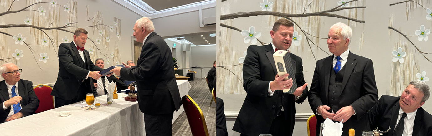 Pictured left: Phil Birch (right) presents Jason Watson with a silver platter. Pictured right: Jason Watson (left) presents Matthew Wilson with a personal gift of thanks.