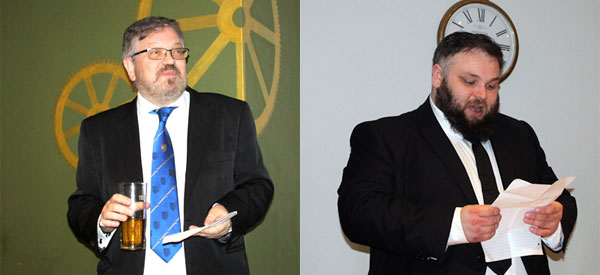 Pictured left: Chris Taplin leads the toast to entered apprentice Darren. Pictured right: Darren Hudson is eager to respond to the toast to his health.