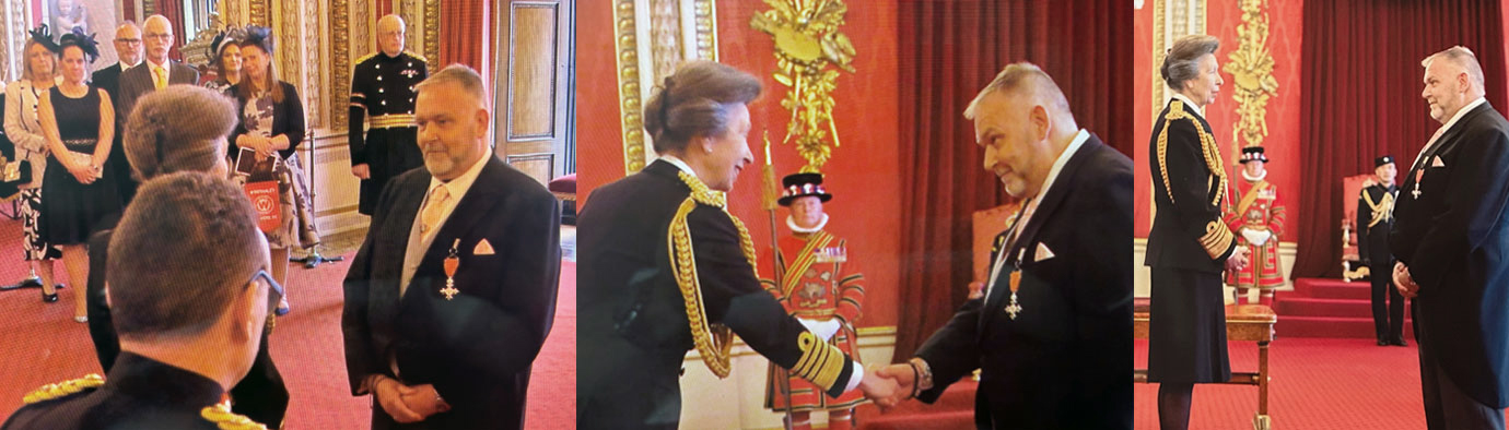Pictured left: Dan receives his MBE watched by family members. Pictured centre: The Princess Royal congratulates Dan. Pictured right: Sharing a few words with The Princess Royal.