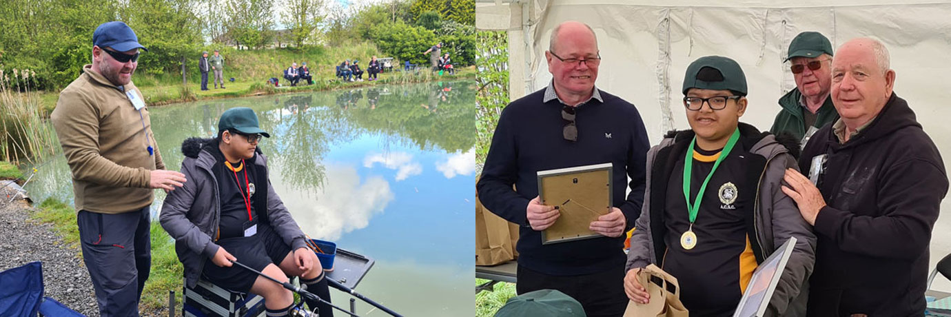 Pictured left: Qais Ali (seated) being coached by Mike Butler. Pictured right: Qais Ali (centre) receiving his fishing achievement award medal and goody-bag from Duncan Smith (left) and Harry Cox