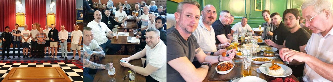 Pictured left: Light blues with David Davies (centre). Pictured centre: Enjoying a pint. Pictured right: At the Blue Elephant Indian restaurant.