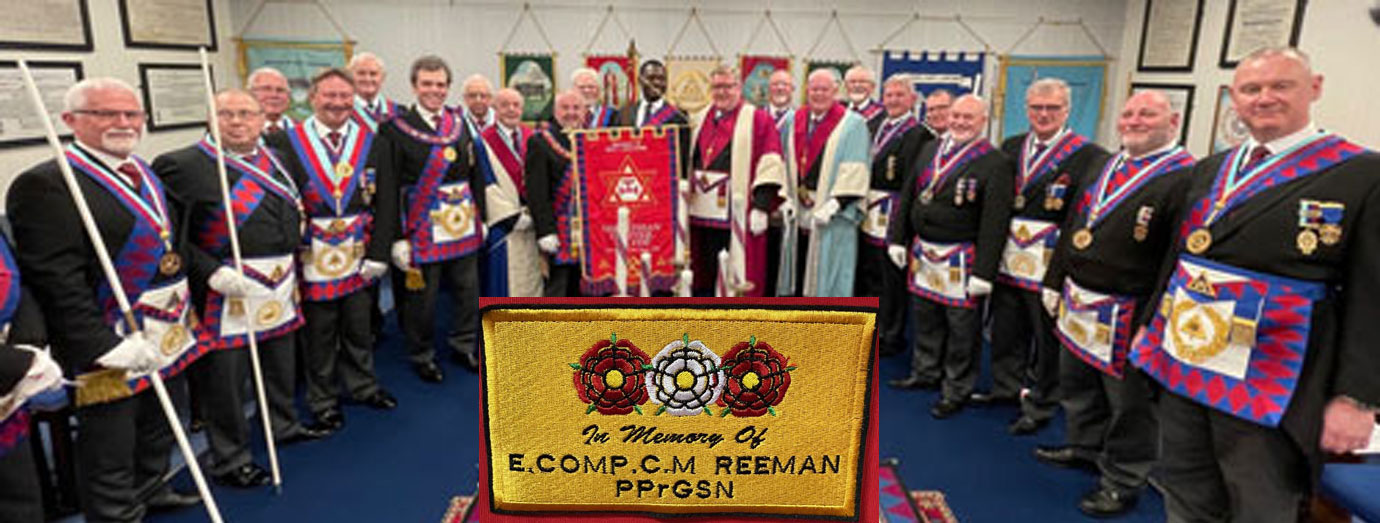 The three Corinthian Chapter Principals with Chris Butterfield and the rest of the grand and acting Provincial grand officers present. Inset: ‘In Memoriam’ for Chris Reeman on the back of the banner.
