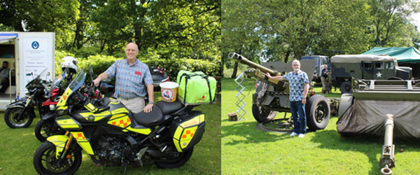 Pictured left: Biker David Atkinson. Pictured right: Paul Brunskill with military hardware.