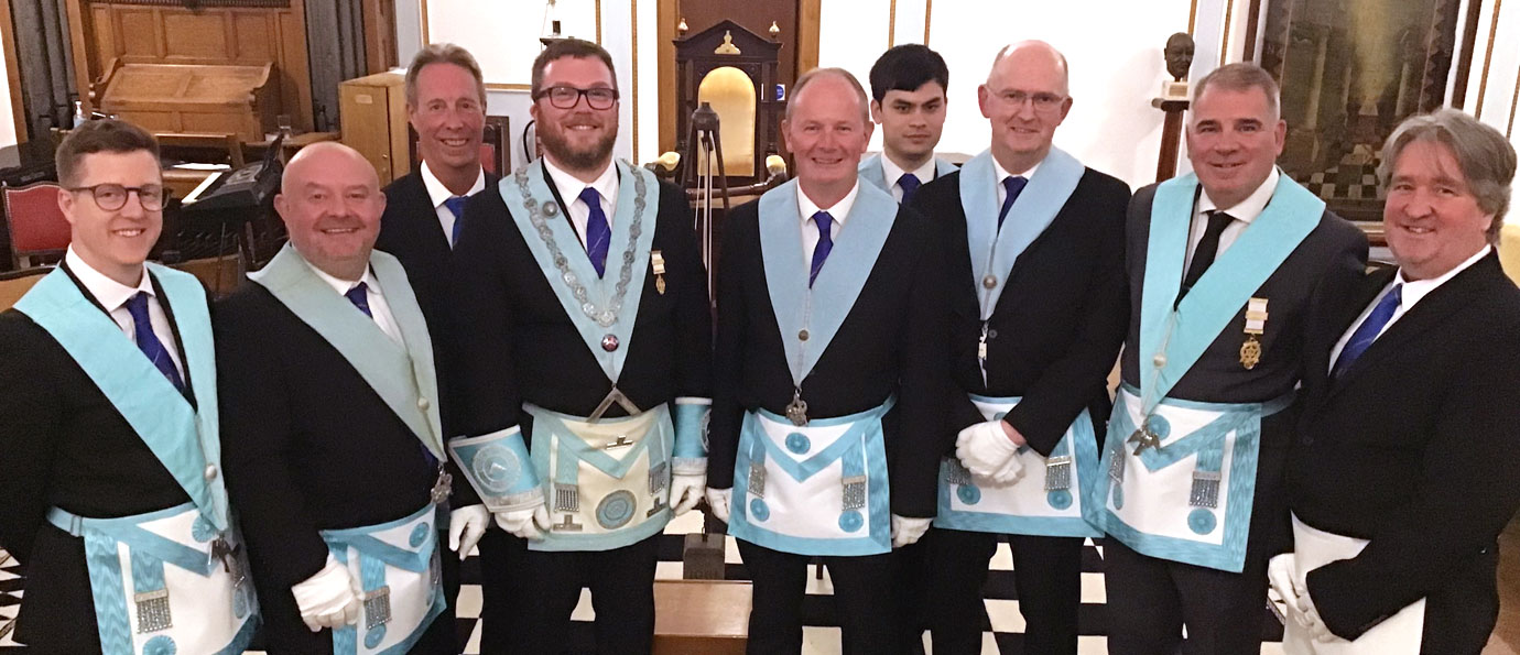 Light blue brethren of Lodge of Triumph. Pictured from left to right, are: Jordan Brown, Peter Grihault, Alan Barlow, Will Buchanan, David Eastwood, Ben Nicholas, William Buchanan (Snr), Darren Collins and Joe Shaw.
