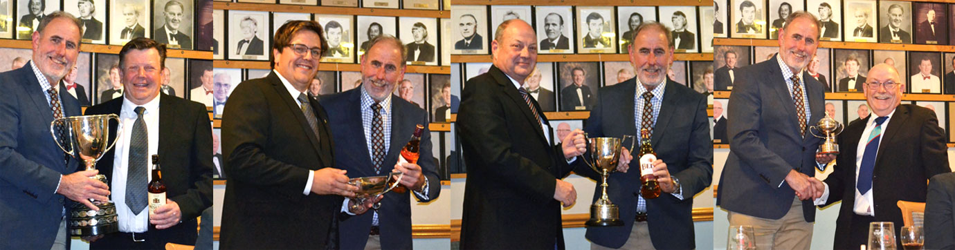 Pictured from left to right: Frank Umbers (left) presenting Alan Davies Snr with the Walwork Trophy. Frank Umbers (right) presenting Alan Davies Jnr with the Harry Doughty Trophy. Frank Umbers (right) presenting Mark Barton with the David Foulds Trophy. Frank Umbers (left) presenting Trevor Vearncombe with the Mark Masons Trophy.
