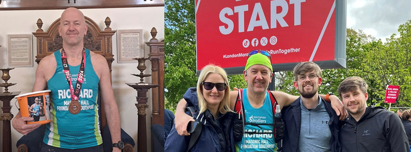 Pictured left: Richard at Southport Masonic Hall on the day money from the charity bucket was counted. Pictured right. Richard accompanied by family at the starting post.