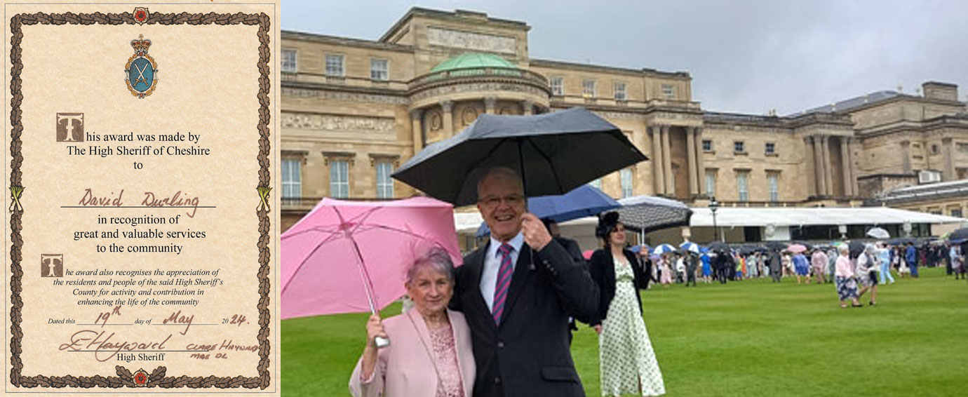 Pictured left: David’s certificate. Pictured right: David and Dorothy at Buckingham Palace Garden Party.