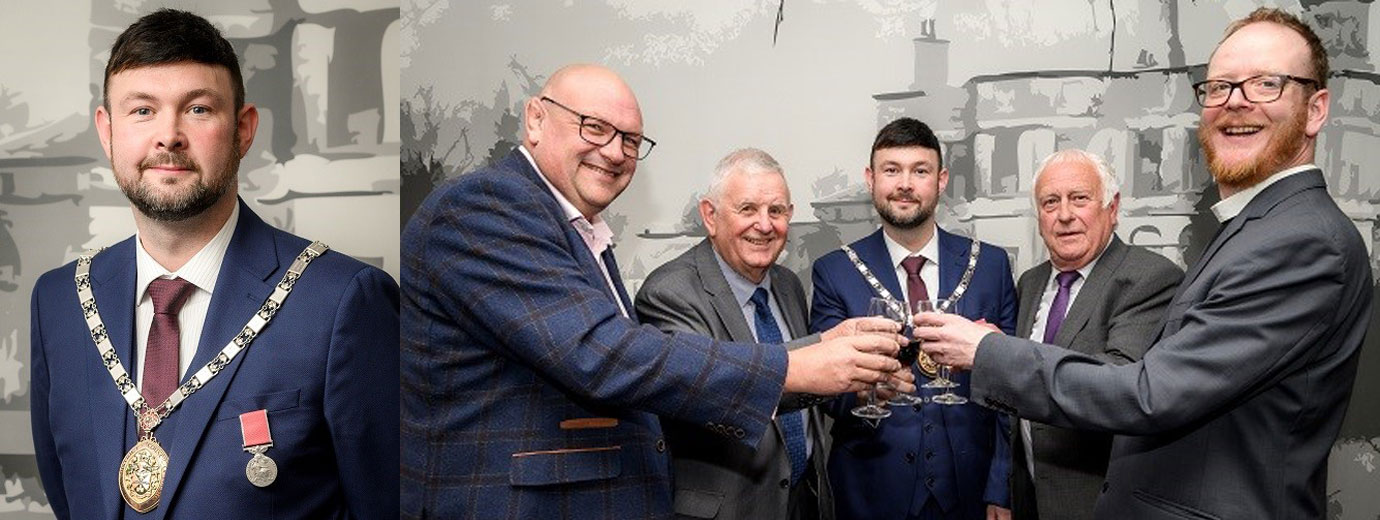 Pictured left: Paul Wharton-Hardman invested as Deputy Mayor of South Ribble. Pictured right from left to right, are: David Bishop, Stewart Seddon, Paul Wharton-Hardman, Jeff Lucas and Fr Matthew McMurray.