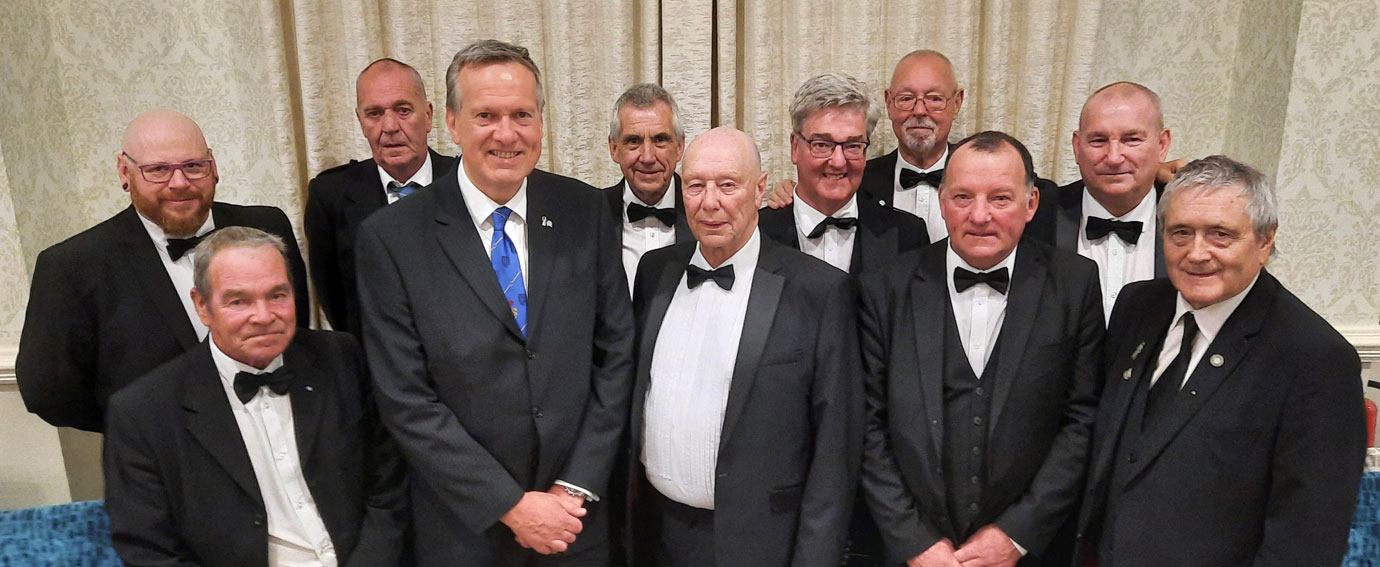 Lodge St James brethren with Nigel Monks (front row, second left) and John Cairns Aitkin ProvGM of the Royal Order of Scotland, Lancaster and Chester (front row right).