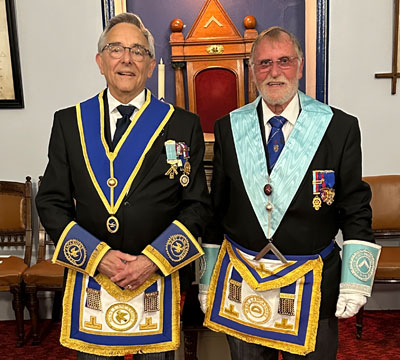 John Torrance (left) and Arthur John Brogden Lodge WM Brian Ogden.