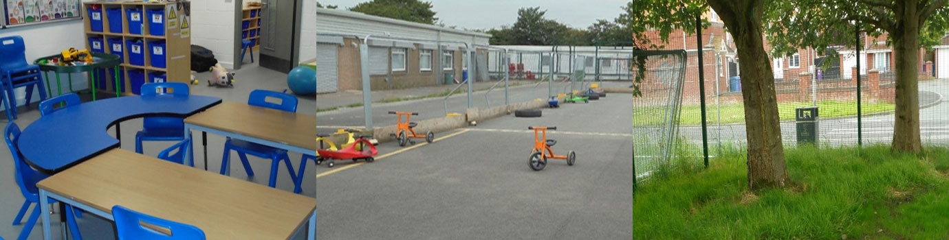 Pictured left: Millstead classroom. Pictured centre: Millstead playground. Pictured right: Small patch of greenery at Millstead to be transformed into a vegetable garden.