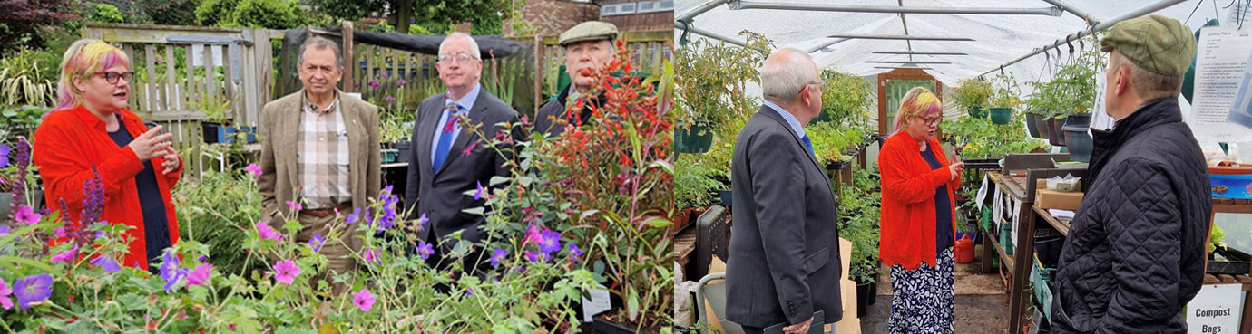 Pictured left: Annie shows off the garden. Pictured right: Annie demonstrates the work in the poly tunnel.
