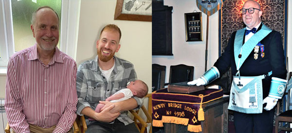 Pictured left: Richard Baker (left) and Andrew Baker introduce baby Rowan at the open day. Pictured right: Past Master Gary Mansfield stood proudly at the WMs pedestal in 1922.