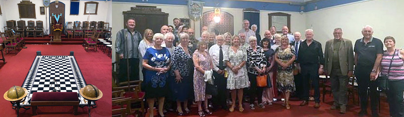 Pictured left: Looking down the lodge room towards the east end. Pictured right: Lodge members Phil Burrow, Alan McDougall and Phil Preston are joined by visitors, among them Assistant Provincial Grand Master Peter Schofield and his wife Michelle.