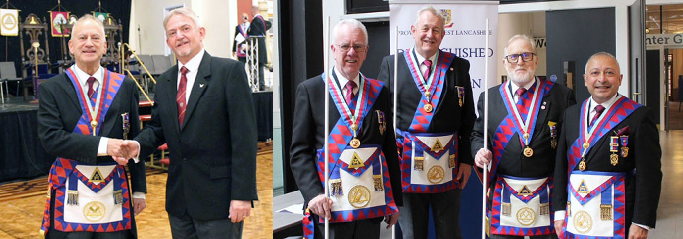 Pictured left: The old and the new, retiring Provincial Grand Scribe Nehemiah Ian Stirling (right) congratulates his successor, Brian Griffiths. Pictured right: Some of the hard-working stewards from Provincial Grand Stewards Chapter of West Lancashire who were on hand to escort our distinguished visitors to their reception area.