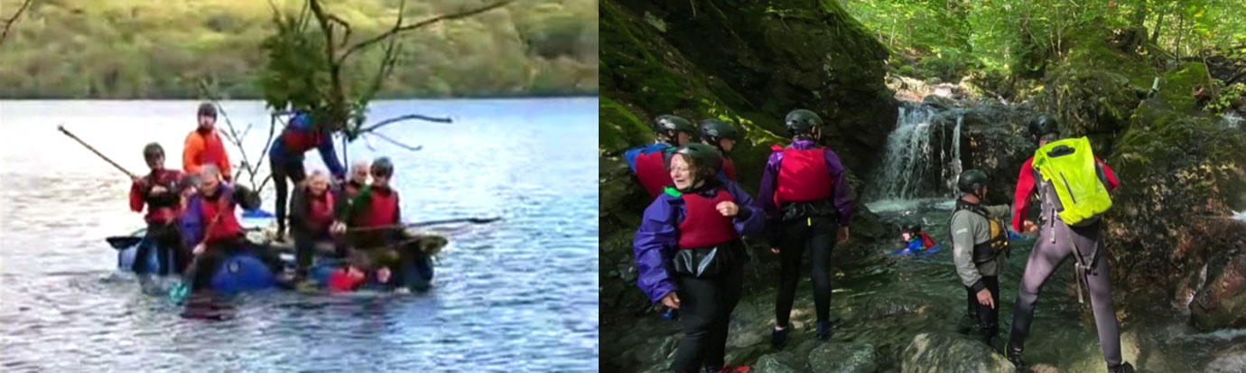 Pictured left: Successful raft building. Pictured right: Having fun ghyll scrambling.