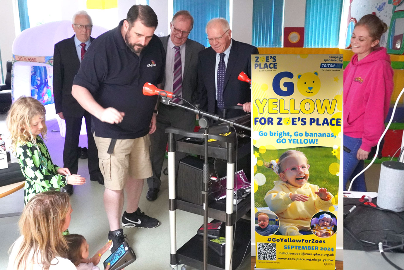 Dan from Lifelites demonstrating the equipment. Inset: Zoe’s Place banner.