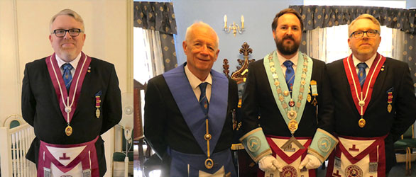 Pictured left: Alan Ledger presents the explanation of the first degree tracing board. Pictured right: Pictured from left to right, are: Stewart Cranage, Michael Daly and Alan Ledger 