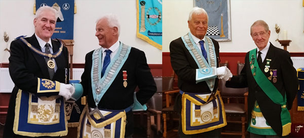 Pictured left: Andy Whittle (left) congratulates Mick George. Pictured right: Mick George (left) and Gordon Fraser from Scotland.