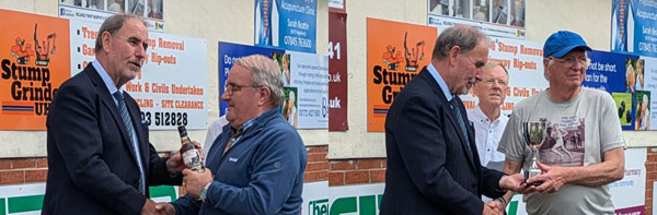 Pictured left; Frank Umbers (left) presents the runners-up prize to the McGibbon Trophy to Jeff Brookes. Pictured right: Frank Umbers (left) presents the McGibbon Trophy to Peter Schofield.