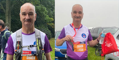 Pictured left: Shaun ready to go at the start of the run. Pictured right: Shaun shows of his deserved medal at the end of the event