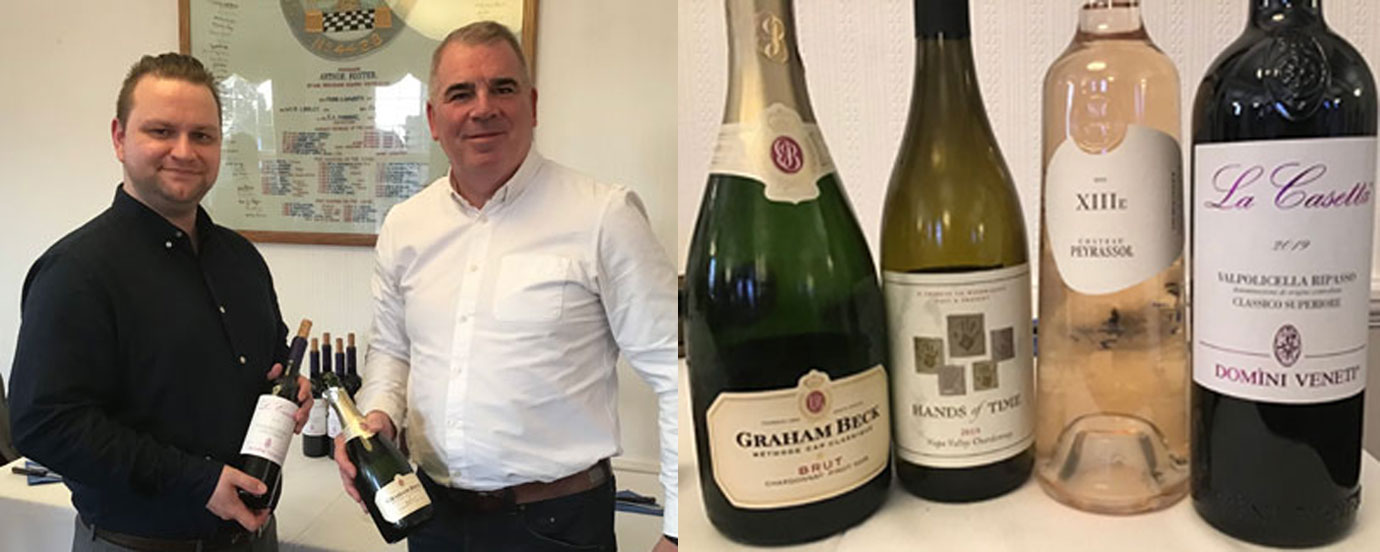 Pictured left: Harry Holt (left) and Daz Collins prepare the four wines to be tasted. Pictured right: The four wines being discussed.