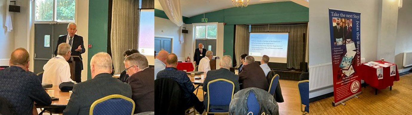 Pictured left: Mark Matthews answering questions during a Q&A session. Pictured centre: Chris Butterfield delivering his talk. Pictured right: The Royal Arch stall setup and staffed by Ian Stirling.