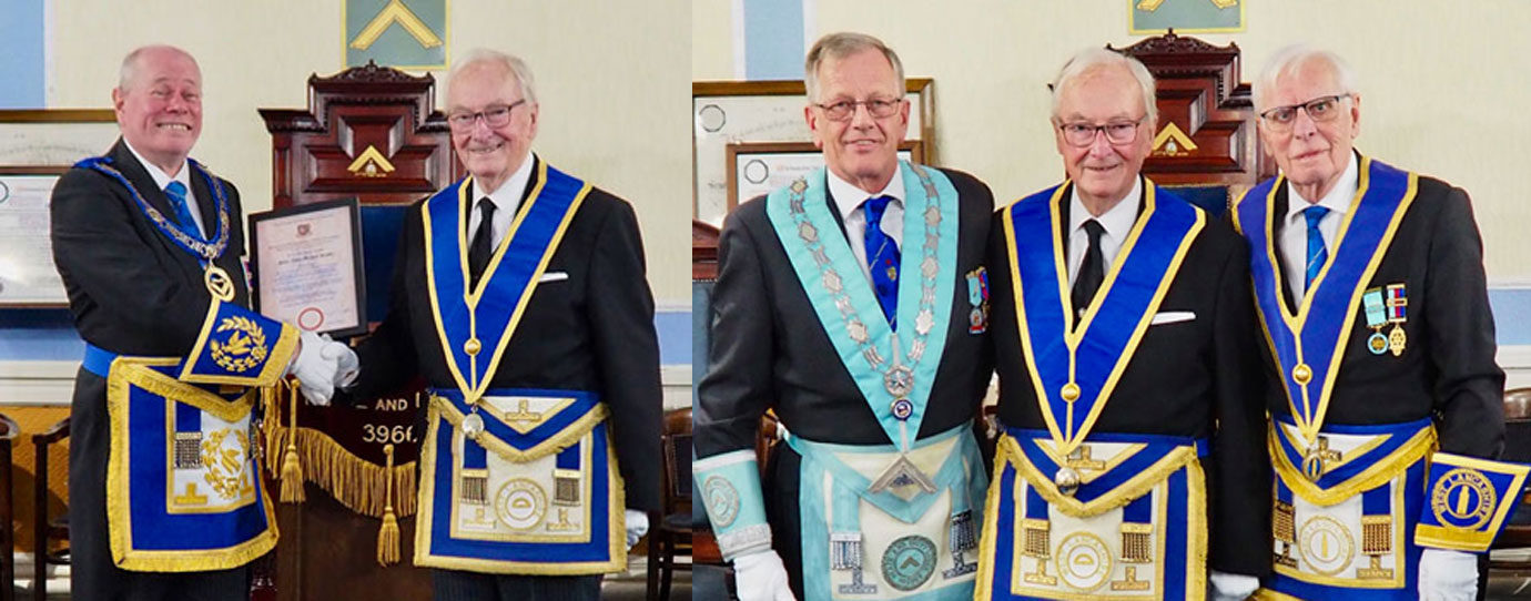 Pictured left: Duncan Smith (left) presents Peter with his 60th certificate. Pictured right: Pictured right from left to right, are: Carl Spindler, Peter Riddle and Ken Sykes.