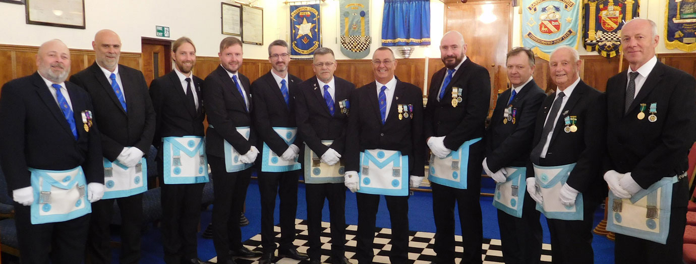 The light blues of Baldwin Lodge, with master elect Allan before the ceremony. 