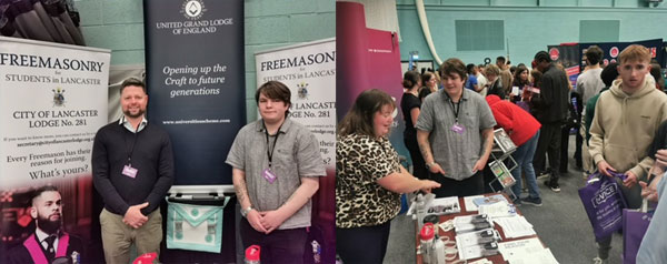 Pictured left: Lee Fisher (left) and Connor Isted, setting up the Freemasons stall. Pictured right: Laura Aimson with Connor Isted, ready to answer student enquiries as the Freshers' Fair gets underway. 