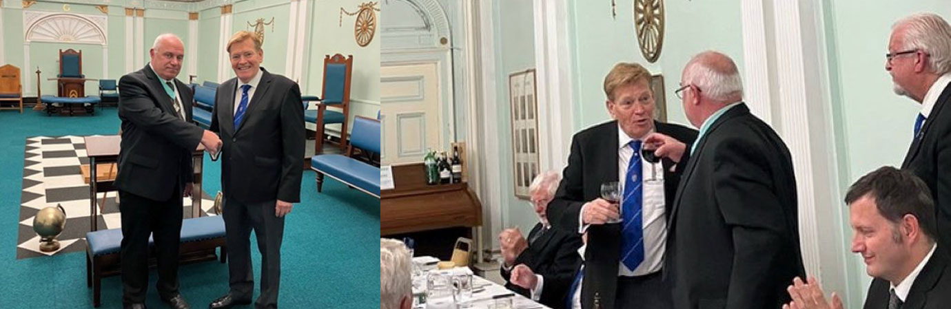 Pictured left: Richard McKenna being congratulated by Kevin Poynton in the Adams Temple after the ceremony. Pictured right: Richard McKenna (centre) taking wine with Kevin Poynton. 