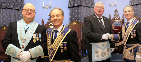 Pictured left: WM Paul Fryer welcomes Jonathan Heaton. Pictured right: Paul Boulton being congratulated by Jonathan Heaton.