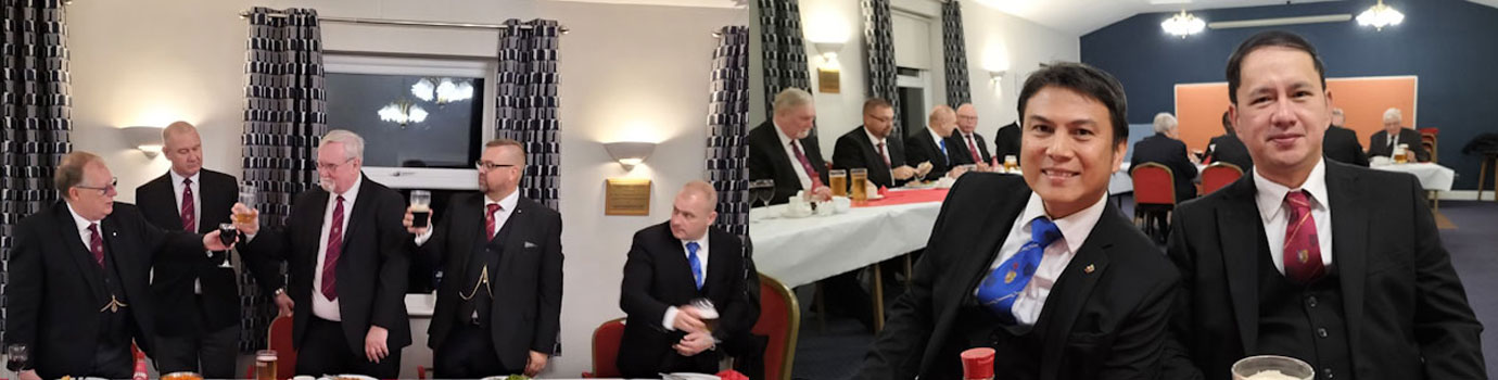 Pictured left: Colin (left) toasts the three principals at the festive board. Pictured right: Phillip Escano (left) and Ramil Rayo enjoy the festive board.