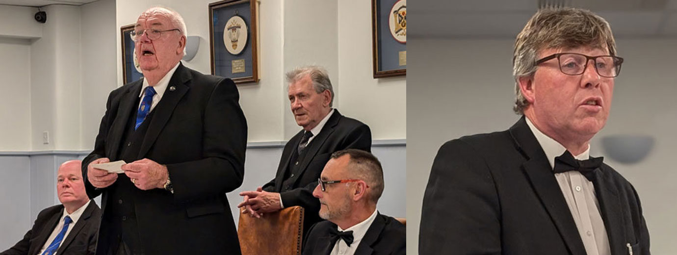 Pictured left: Ted Rhodes (standing at table) replying to the toast to the grand officers. Pictured right: Peter Bawden proposing the toast to the WM.