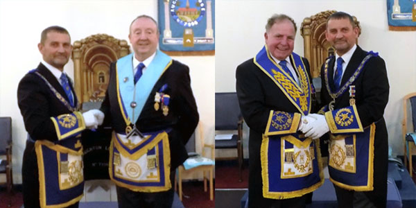 Pictured left: John Doyle (right) is congratulated by David Thomas. Pictured right: David greets group chairman Graham Chambers.