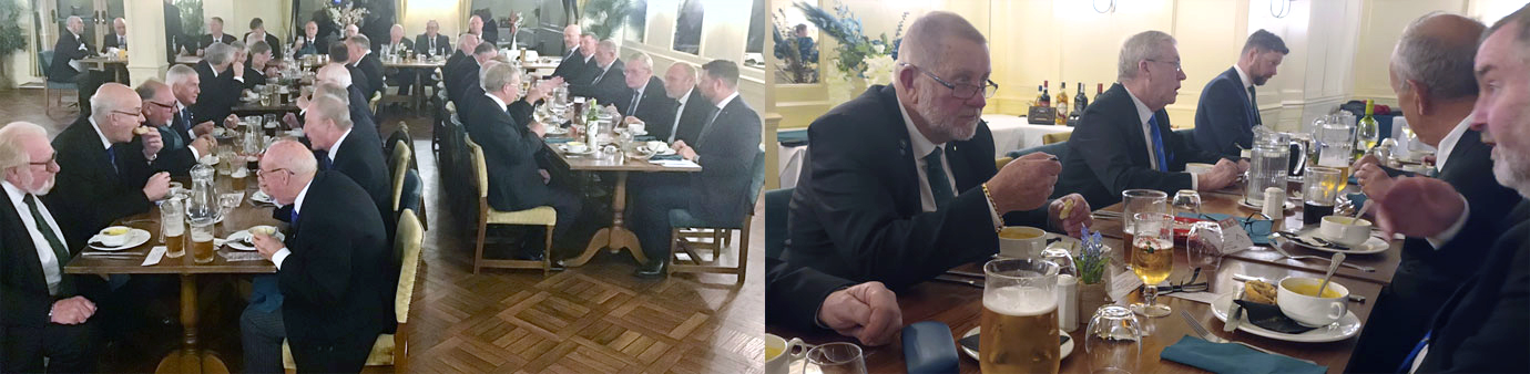 Pictured left: The festive board in full swing. Pictured right: Lodge almoner Bob Malcolm (left), in conversation with visiting brethren.