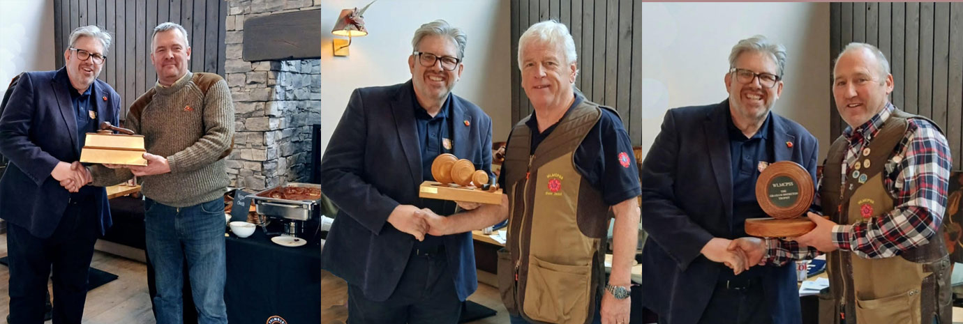 Pictured left: Jason Rhodes (right) receiving the Les Jennings Hoole trophy from John Thompson. Pictured centre: Dave Smith (right) receiving the Donna Heyes trophy from John Thompson. Pictured right: Andy McClements (right) receiving the Graham Brereton trophy from John Thompson.