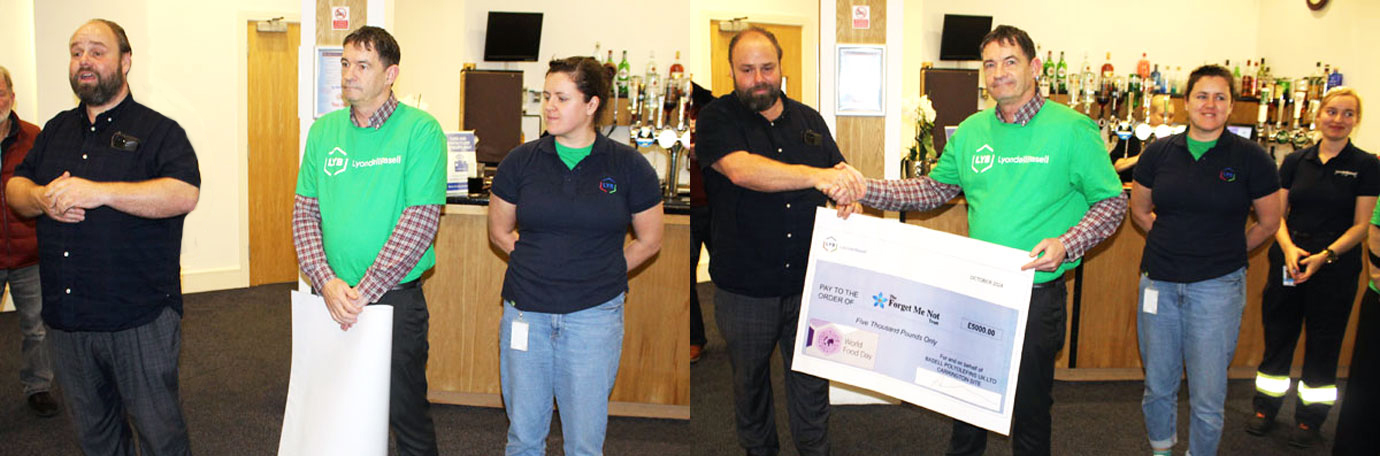 Pictured left: Ezra (left) thanks the assembly for their assistance over the years. Pictured right: Ezra (left) receives a cheque for £5,000 from LYB HSEQ Manager Mike Williams.