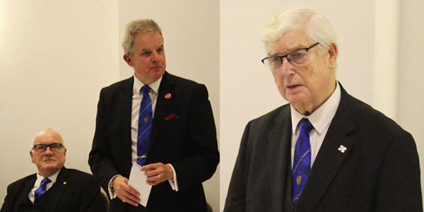 Pictured left: Stuart (right) responds to his toast watched by Patrick Walsh. Pictured right: Brian Hayes makes the final toast to Phoenix Lodge members.