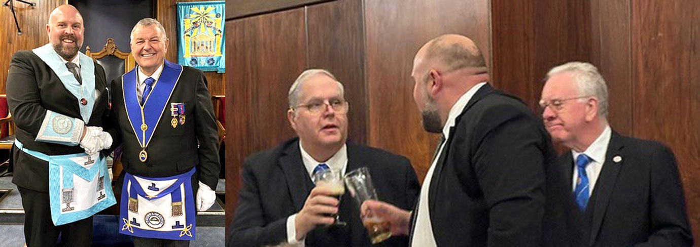 Pictured left: Chris Upton (left) with Eric Kos. Pictured right: Chris Upton (centre) welcoming Neil Ward at the festive board.