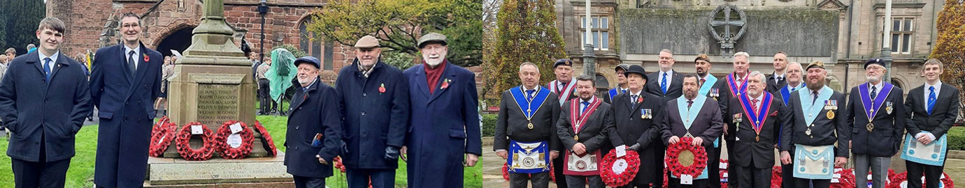 Pictured left: Masons from Eccleston Lodge laying wreathes in Eccleston. Pictured right: Masons from Carnarvon Lodge joining Preston Group Masons in Preston.